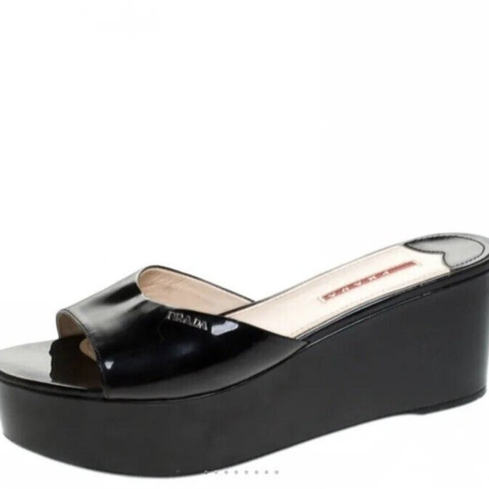 Prada Black Patent Leather Platform Slide Sandals